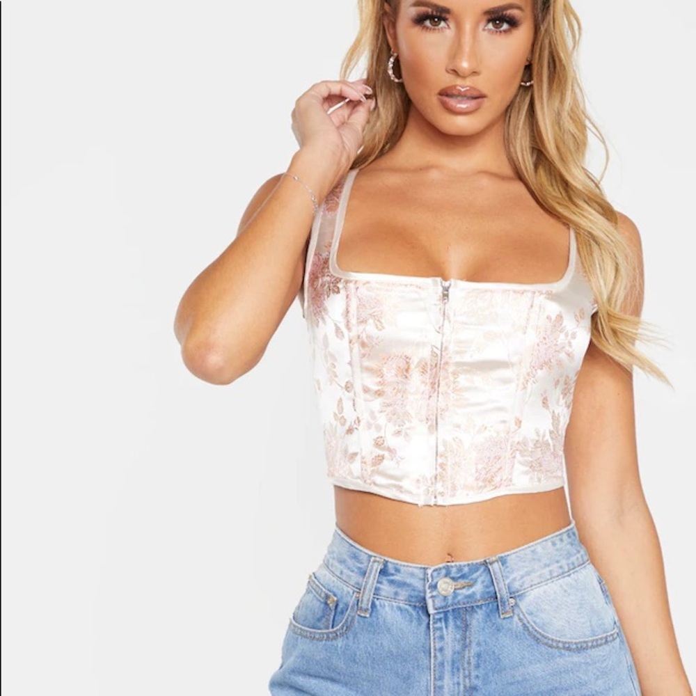 Pink satin print zip front corset